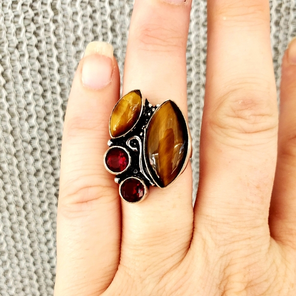 New Beautiful Tiger Eye & Garnet 925 Silver Ring. - Picture 3 of 8